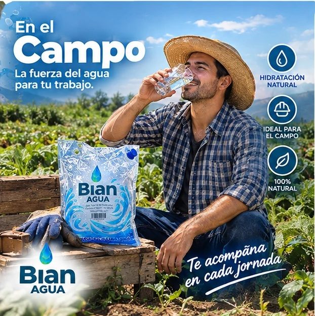Agricultor tomando agua junto a una bolsa BIAN